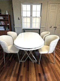 Resim Msy Home 4 Kişilik Serya Beyaz Oval Masa Krom Ayak Yönsüz Kumaş Modern Ve Şık Yemek Odası Takımı Krem 