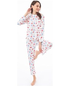 Resim Cottonhill Premium Yazlık Kadın Pijama Takımı Meyve Desenli Yumuşak Dokulu Bisiklet Yaka Uzun Kollu Krem 