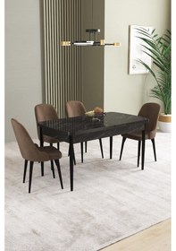 Resim Ikon Siyah Mermer Desen 80x132 Mdf Açılabilir Yemek Masası Takımı 4 Adet Sandalye Kahverengi 