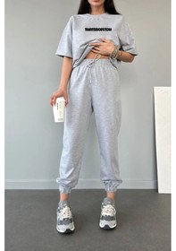 Resim Thatssofetch T-shirt Eşofman Altı Jogger - Gri Baskı Alt Üst Eşofman Takımı Oversize Bisiklet Yaka Gri-4728 