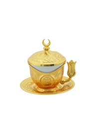 Resim Tiryaki Porselenli 4 Parça Altın Renk Zamak Fincan 