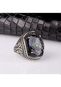 Resim 925 Ayar Gümüş Mistik Topaz Taşlı Kalem Motifli Yüzük 