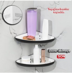 Resim Porsima 0447 2'li İstiridye Banyo Köşe Rafı Yapışkanlı Raf Siyah 
