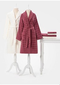 Resim Özdilek Land Koyu Pembe Krem Pamuk Aile Bornoz Seti Krem 