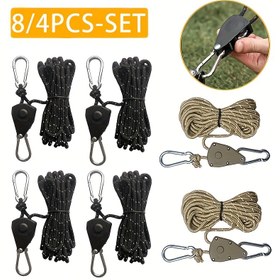 Resim 8 adet/4 adet 157.48 inç Metal Pulley Kamp Çadırı Sabitleme İpi, Yansıtıcı Şeritli, Ayarlanabilir Çekme İpi Tokası, Açık Hava Kampı, Açık Hava Ekipmanı, Kanopi Sabitleme ve Tatil Dekorasyonu için Uygun, Elastik Açık Hava Depolama Çantası 