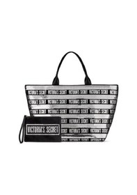 Resim Victoria's Secret Vs Gümüş Pullu Payet İşlemeli Carryall Tote & Mini Clutch Set Gümüş - Siyah 