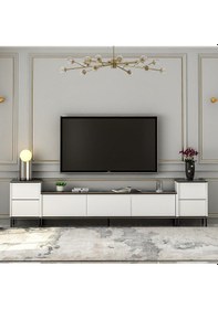 Resim İmaj Tv Ünitesi Ve Komodin Set Traverten/gold, Oturma Odası Set, Tv Sehpası - Beyaz Beyaz 