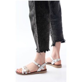 Resim 205-015 Beyaz Garni Ortopedik Hakiki Deri Kadın Sandalet 