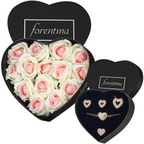 Resim Forentina Rose Kalpli Takı Seti-Kalpli Kutuda Pembe-Beyaz Güllü Hediye Seti PS4002 
