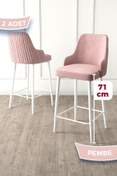 Resim Canisa Enox Serisi, 2 Adet Pembe Sandalye Yemek Odası Bar Sandalyesi, Babyface Kumaş, Beyaz Metal Ayak, 