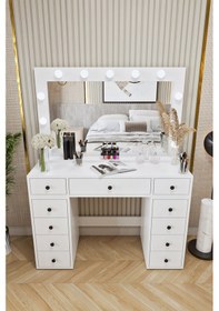 Resim Ases Mobilya Asl54 Hollywood Işıklı Geniş Aynalı Makyaj Masası Bol Çekmeceli Beyaz Beyaz 