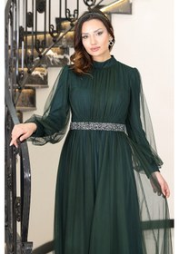 Resim Raika Moda Alia Şık Taş Detaylı Büyük Beden Tesettür Abiye - Alya Zümrüt 