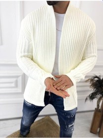 Resim Elku Moda Hırka Kalın Örgü Şal Yaka Cepli Panço Triko Hırka Beyaz 