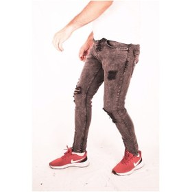 Resim Koyu Mavi Yırtık Ve Fermuarlı Dar Paça Detaylı Slim Fit Jeans Mavi 