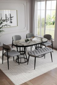 Resim Bohem Polo Mutfak Masası Takımı 6 Kişilik Bencli Siyah Gri 