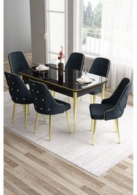 Resim Canisa Tia Serisi 80x132 Açılabilir Siyah Mermer Desen Gold Detay Masa Takımı Ve 6 Antrasit Sandalye Masa Siyah Mermer Desen Sandalye 