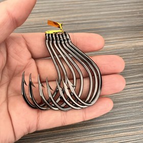 Resim 7'li Kutu 4/0# Yüksek Karbon Çelik Balıkçılık Kancaları - Derin Deniz Levreği, Bass, Havyar, Taze ve Tuzlu Su Balıkçılığı için Gözli Siyah Nikel Barbeli Kanca, Çok Amaçlı Kancalar, Sağlam Tasarım, Dayanıklı Kancalar 