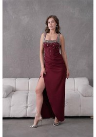 Resim Neşeli Butik Kadın Taş Detaylı Askılı Uzun Abiye Elbise Nbs9367 Bordo 