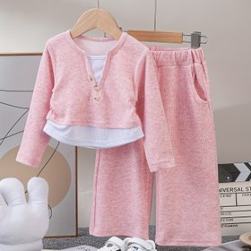 Resim Geniş Bacaklı Pantolon ve Düğme Süslemeleri ile Yeni Bahar ve Sonbahar Kızlar için Rahat İki Parça Kıyafet, Günlük Giyim ve Spor için Mükemmel, Dış Mekanlar için 