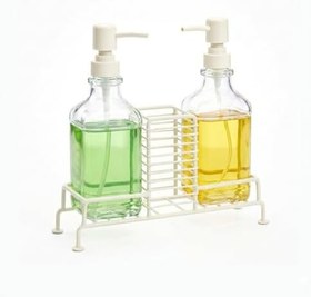 Resim AmberHaus 2'li Standlı Kare Cam Sabunluk Seti | 2 x 500 ml | Ferforje Metal Standlı Siyah & Krem Renk Seçeneği | Sünger/Fırça Bölmeli Mutfak ve Banyo Düzenleyici (Krem) 