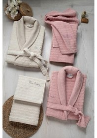 Resim Pierre Cardin 6 Parça Jakarlı Aile Bornoz Seti-wave Soft G.kurusu Gül Kurusu - Krem 