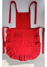 Resim Keten Fırfırlı Bohem Mutfak Önlüğü Kırmızı 