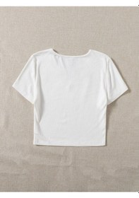 Resim Liona V Yaka Beyaz Renk Fitilli Kısa Kollu Regular Crop Top Bluz 