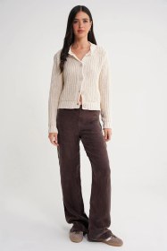 Resim Mixray 6936 Kadın Selanik Düğmeli Regular Fit Triko Hırka Naturel 