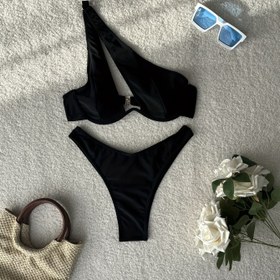 Resim Yeni Moda İnce Kesim Tek Omuz Askılı Düz Renk Seksi Havuz Partisi Yırtmaçlı Bikini 