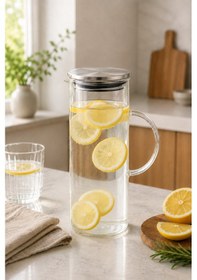 Resim Cam Sürahi Paslanmaz Çelik Kapaklı Şeffaf Su Limonata Meyve Suyu Servis Sürahisi 