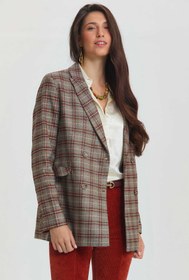 Resim Ekoseli Kruvaze Uzun Blazer Gri - S 