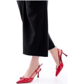 Resim Kırmızı Rugan Günlük Arkası Açık Fiyonklu Topuklu Kadın Ayakkabı Kırmızı 