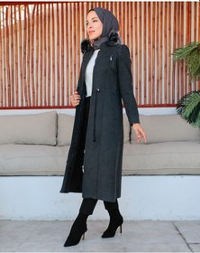 Resim Kmk Kombin Kadın Kaşmir Kaşe Kapşonlu Kürklü Kaban Mont Füme 