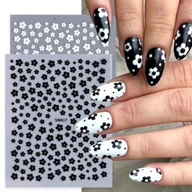 Resim 2 Adet Şık Siyah & Beyaz Çiçekli Tırnak Stickerları - Papatya & Yaprak Tasarımları, Mat Yapışkanlı Çıkartmalar Şık Yaz Manikürleri İçin, Kendinden Yapışkanlı & Tek Kullanımlık, Tırnak Aksesuarları 