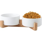 Resim 13cm / 400ml Kedi Kase Köpek Pot Pet Seramik Kase, Stil: Ahşap Standlı Çift Kase Beyaz 