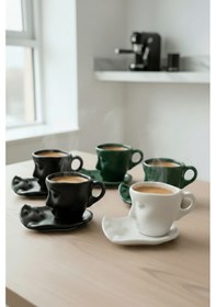Resim Mithra Life 6 Adet 110 Ml Siyah Beyaz Yeşil Yüz Seramik Türk Kahvesi Fincan Takımı Mıt1313 Siyah - Beyaz 
