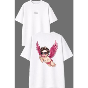 Resim Vsrn Kanatlı Bebek Tasarım Ön Arka Baskılı Beyaz Oversize T Shirt 