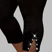 Resim Plus Beden, Plus Beli Yüksek Bel Esnek Taşlı Yan Yırtmaç Kapri Pantolon - Siyah Düz Renk Kadınlar İçin Günlük Outdoor Tayt, İlkbahar/Yaz Modası, Yüksek Bel Pantolon, Şeffaf Olmayan Kumaş, Nefes Alabilen Malzeme, Yaz Gardırop 