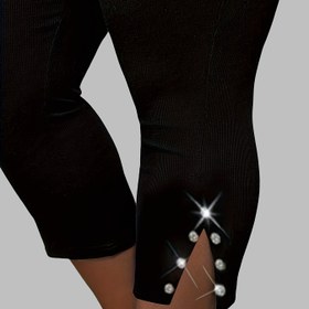 Resim Plus Beden, Plus Beli Yüksek Bel Esnek Taşlı Yan Yırtmaç Kapri Pantolon - Siyah Düz Renk Kadınlar İçin Günlük Outdoor Tayt, İlkbahar/Yaz Modası, Yüksek Bel Pantolon, Şeffaf Olmayan Kumaş, Nefes Alabilen Malzeme, Yaz Gardırop 