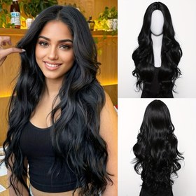 Resim Kadınlar için Elegant 81.28 cm Siyah Dalgalı Dalgalar Peruk, 150% Yoğunluk, Gül Ağı File, Merkez Bölüm, Yok Bangs, Günlük Giyim için Modaya Uygun Uzun Peruk 