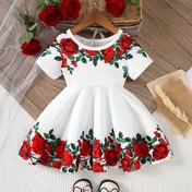 Resim Tek Parça Kız Çocukları Çiçek Desenli Elbise - Parlak Polyester Örme, Günlük Kesim, İlkbahar/Yaz İçin Uygun - Makinede Yıkanabilir, Kız Giyimi 