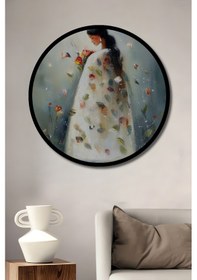 Resim Bohem Sanat Sulu Boya Görünüm Kadın Ve Çiçekler Ahşap Tablo Yuvarlak Duvar Tablosu Çerçeve Görünüm 4404 - 30 X 30 