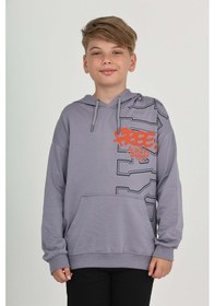 Resim Toontoy Kids Toontoy Erkek Çocuk Oversize Kapüşonlu Cepli Düşük Omuz Baskılı Sweatshirt - 2 İplik Koyu Gri 