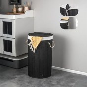 Resim Metra Shop El Yapımı Hasır Katlanır Çamaşır Sepeti Yuvarlak 55 Litre (35CM*35CM*61CM), Doğal Malzemeden Üretilmiş Çamaşırlık (Siyah) 
