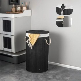 Resim Metra Shop El Yapımı Hasır Katlanır Çamaşır Sepeti Yuvarlak 55 Litre (35CM*35CM*61CM), Doğal Malzemeden Üretilmiş Çamaşırlık (Siyah) 