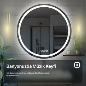 Resim Bluetoothlu, Buğu Çözücülü, Dokunmatik LEDli Elips Ayna - Beyaz Işık - 80X90 