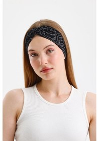 Resim Kadın Çapraz Bağlamalı Pamuklu Penye, Kaymaz, Yumuşak, Esnek, Saç Bandı Bandana - Tek Ebat / Siyah Figürlü Siyah Figürlü 