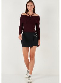 Resim Lela Premium Fitted Fit Carmen Yaka Ip Askı Detaylı Triko Bayan Kazak 680Kz00076 Bordo 