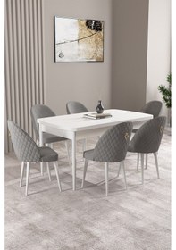 Resim Milas Beyaz 80x132 Mdf Açılabilir Yemek Masası Takımı 6 Adet Sandalye Gri 