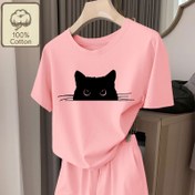 Resim Kadınlar İçin Siyah Kedi "Peek A Boo" Baskılı Yuvarlak Yaka Kısa Kollu Cepli Şort Pijama Takımı 